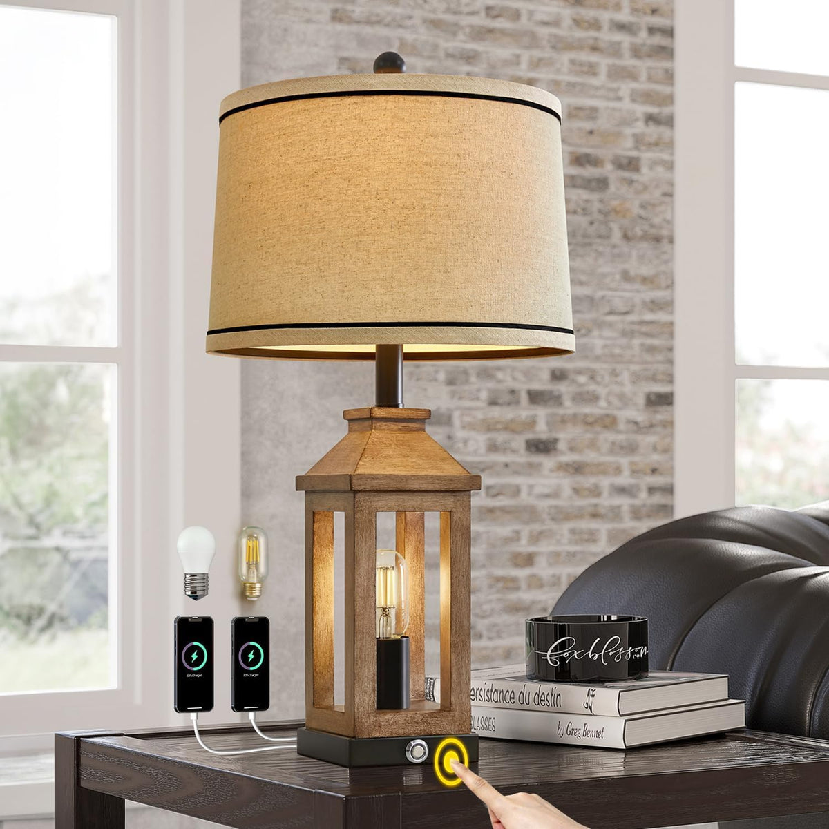 G-SAFAVA 23.75" Farmhouse Table Lamps USB A+C Charging Ports 3-Way Dimmable