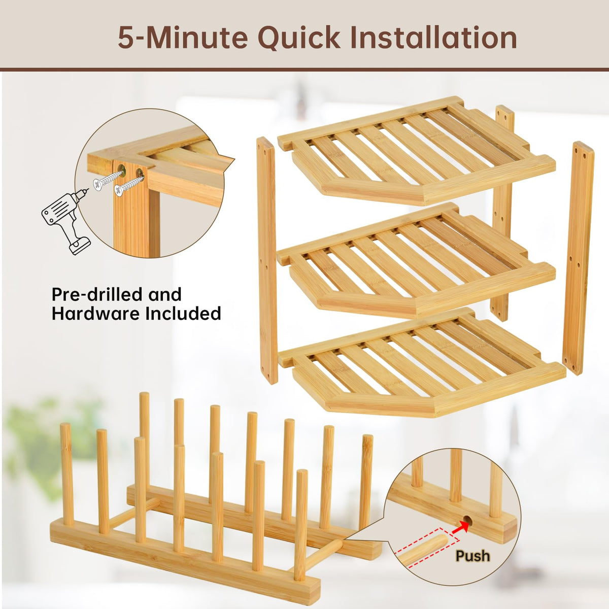 Bamboo Plate Organizer for Cabinet Set,3 Tier Corner Shelf & Plate Holder