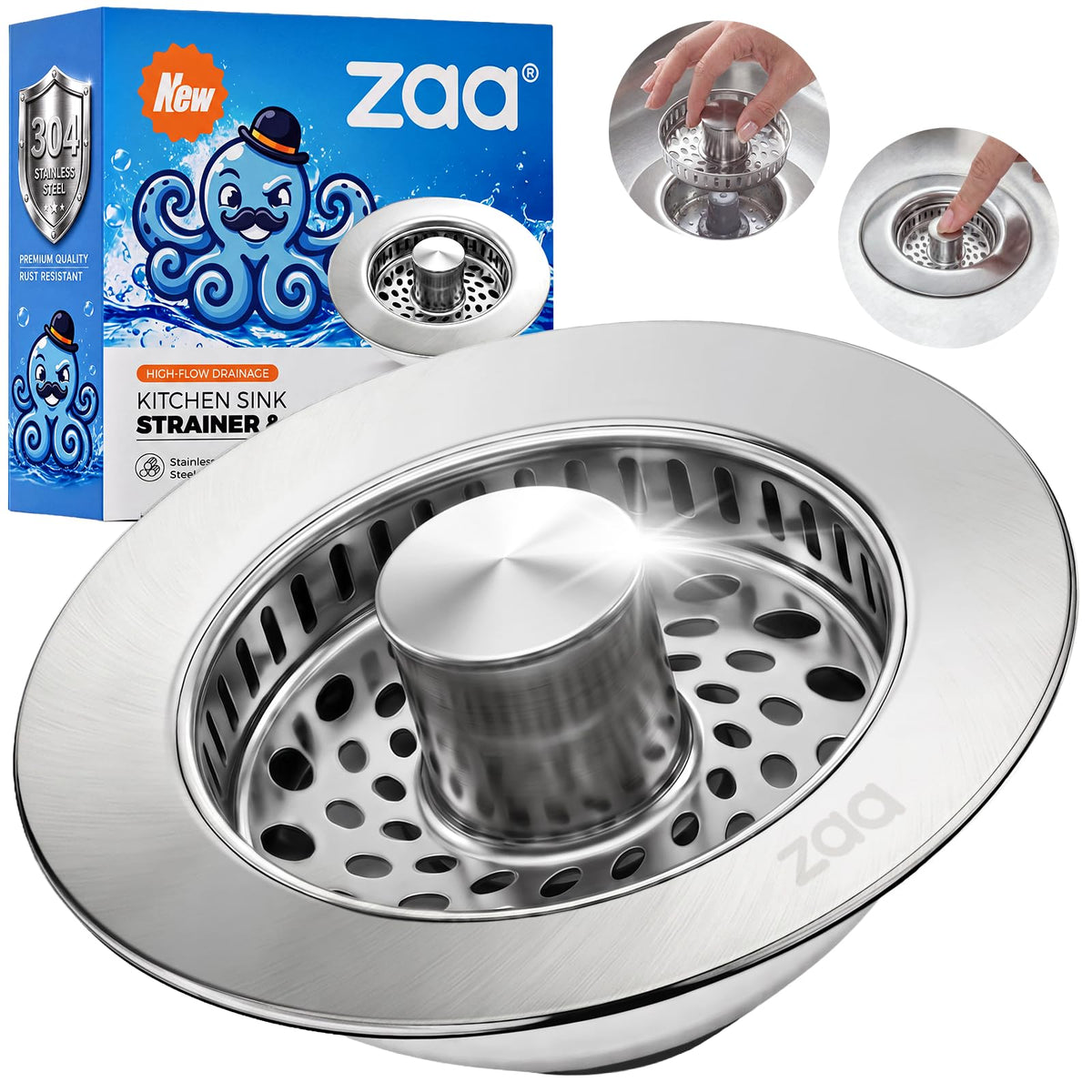 ZAA 3-in-1 Kitchen Sink Drain Strainer, 304 Stainless Steel Sink Stopper