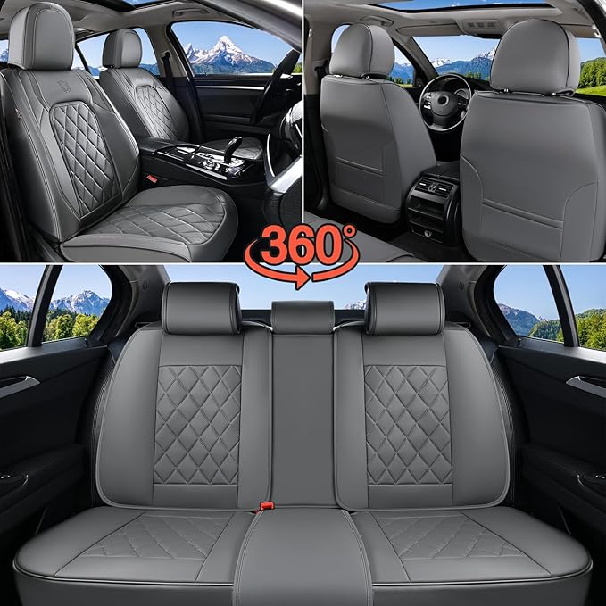 Coverado Car Seat Covers Full Set, Luxury Faux Leather Seat Covers for Cars, Waterproof Car Seat Protector, Gray Car Seat Cover, Universal Automotive Seat Covers Fit for Most Sedan SUV Trucks