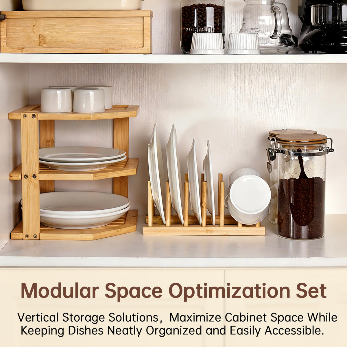 Bamboo Plate Organizer for Cabinet Set,3 Tier Corner Shelf & Plate Holder
