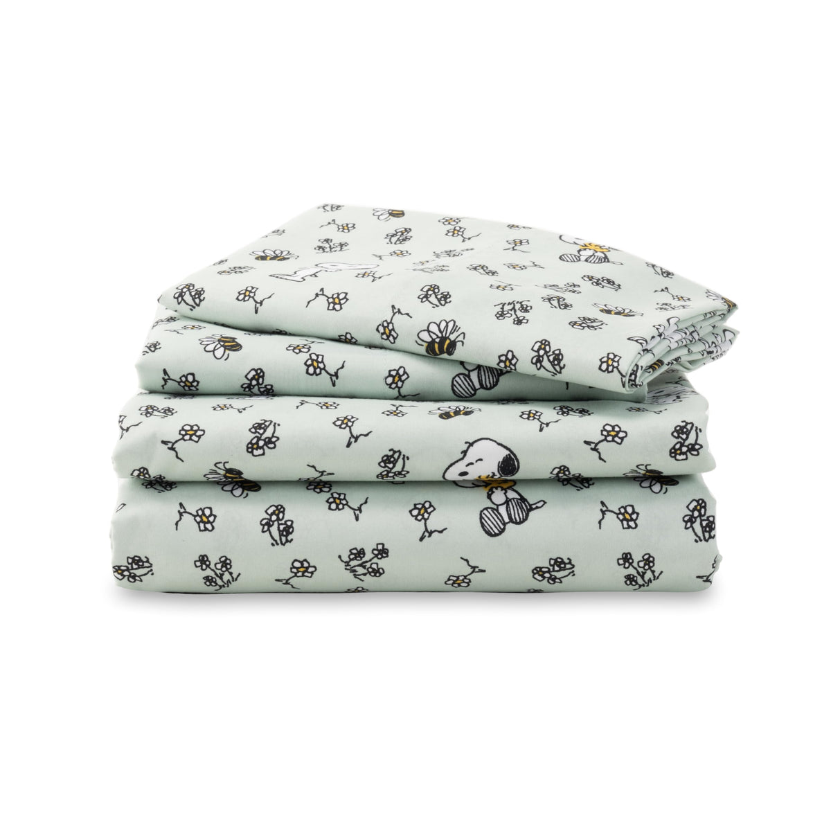 Berkshire Peanuts® Sheet Set Queen Size - 4 Pieces,Cute Character Snoopy Printed Soft Microfiber Bed Sheets,Mini Snoopy & Woodstock New Flower and Bees Sage