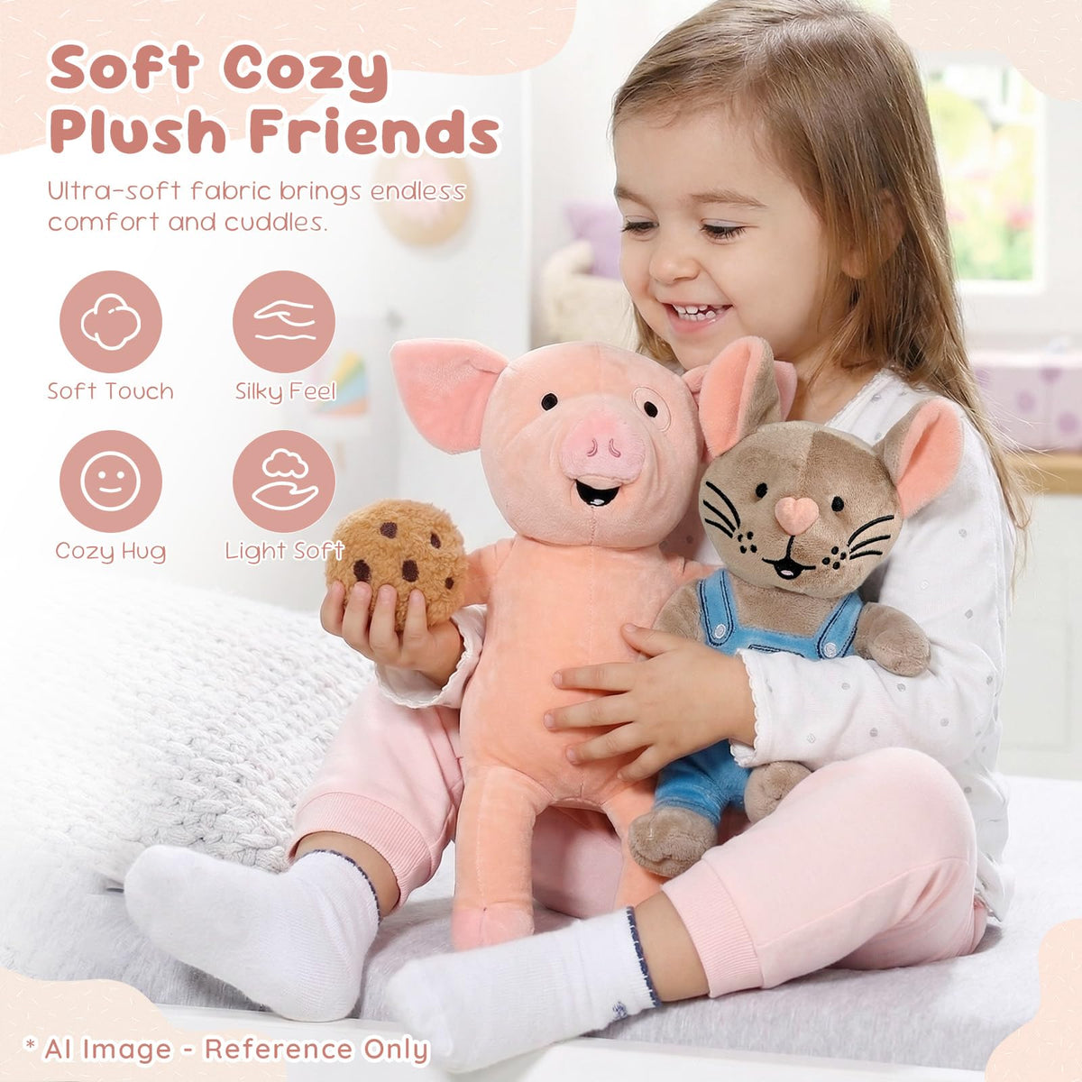 Pig & Mouse Plush Set with Cookie Keychain, Reading Buddy Gift for Kids