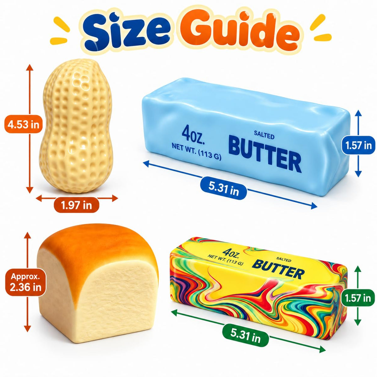 4 Pack Crunchy Squishy Set, Butter, Peanut, Bread & Rainbow Butter Toys