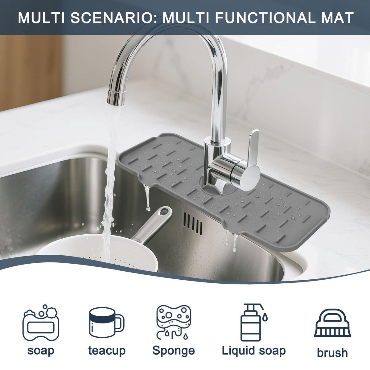 Gosmol Kitchen Sink Splash Guard Silicone Faucet Mat for Kitchen Sink Grey