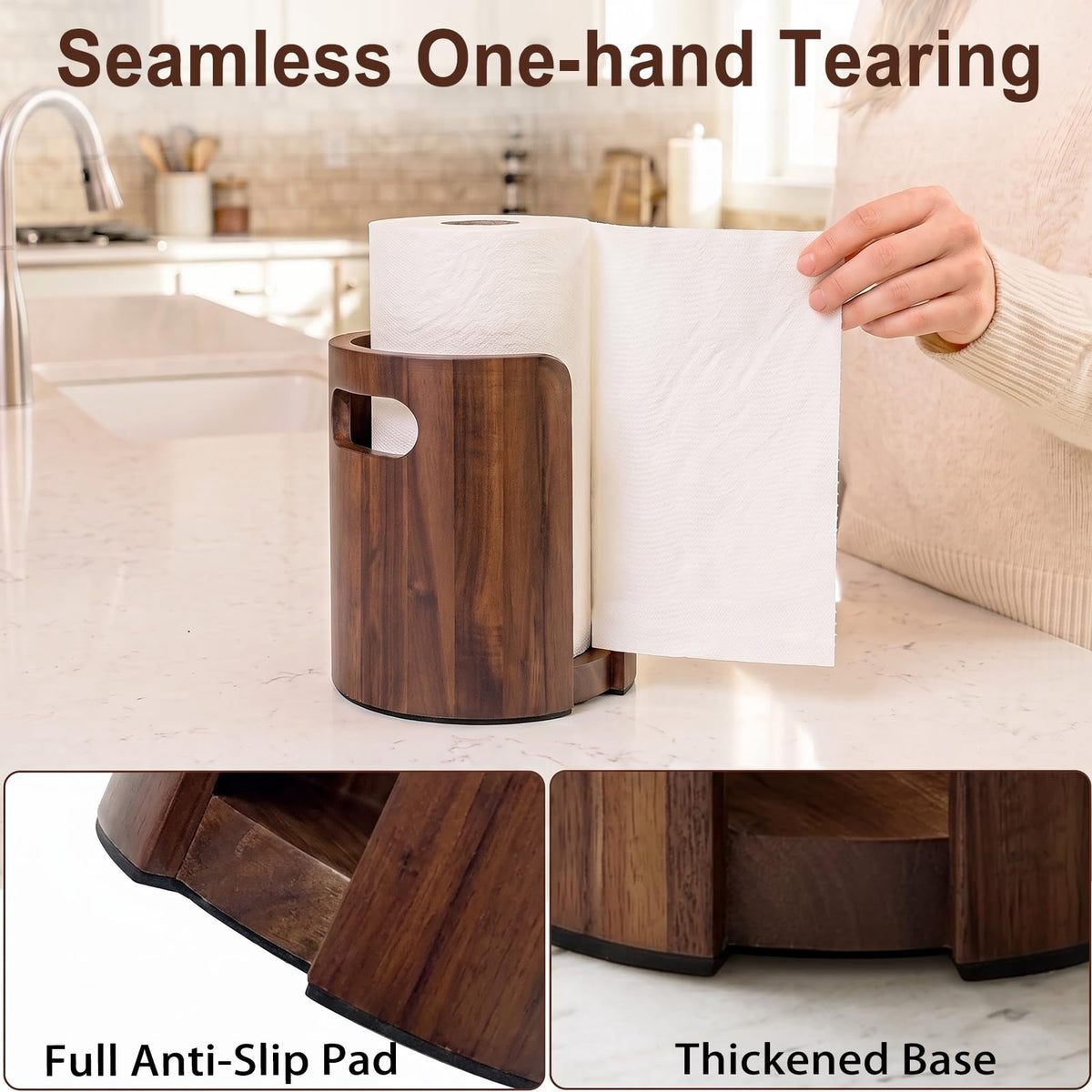 Acacia Wood Paper Towel Holder for Countertop with Splash Guard & Handles