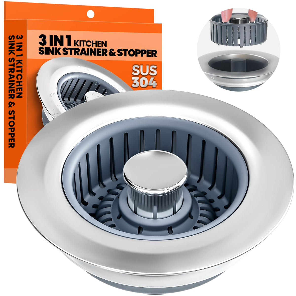 Nipoko 3 in 1 Kitchen Sink Drain Strainer and Stopper Silver 1 Pack