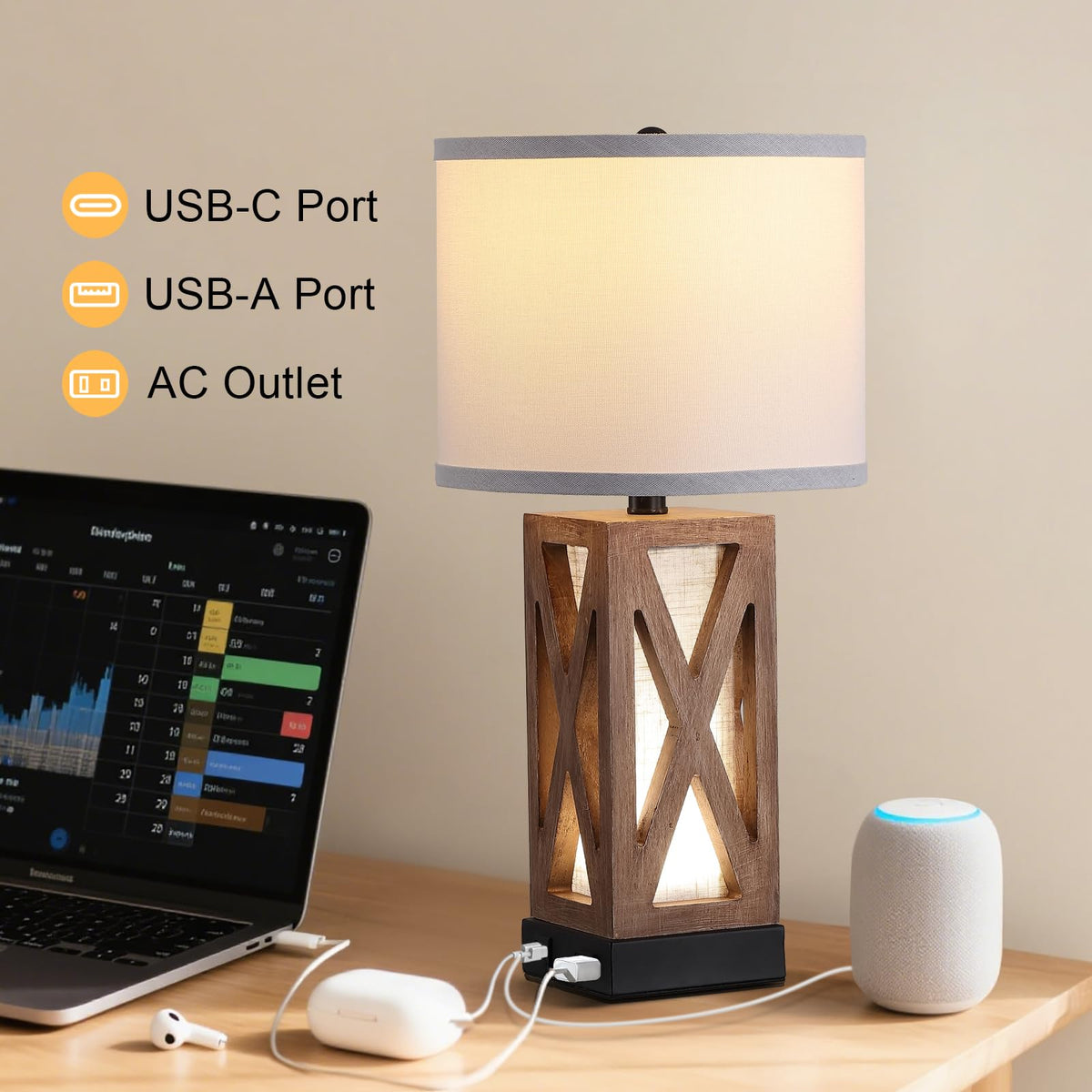 YJSQOEOE Wood Table Lamp with 3 Color Temperatures, Nightstand Table Lamp with AC Outlet, USB A & C Charging Port, Bedside Lamp for Living Room, Bedroom, Office Reading, Burlywood