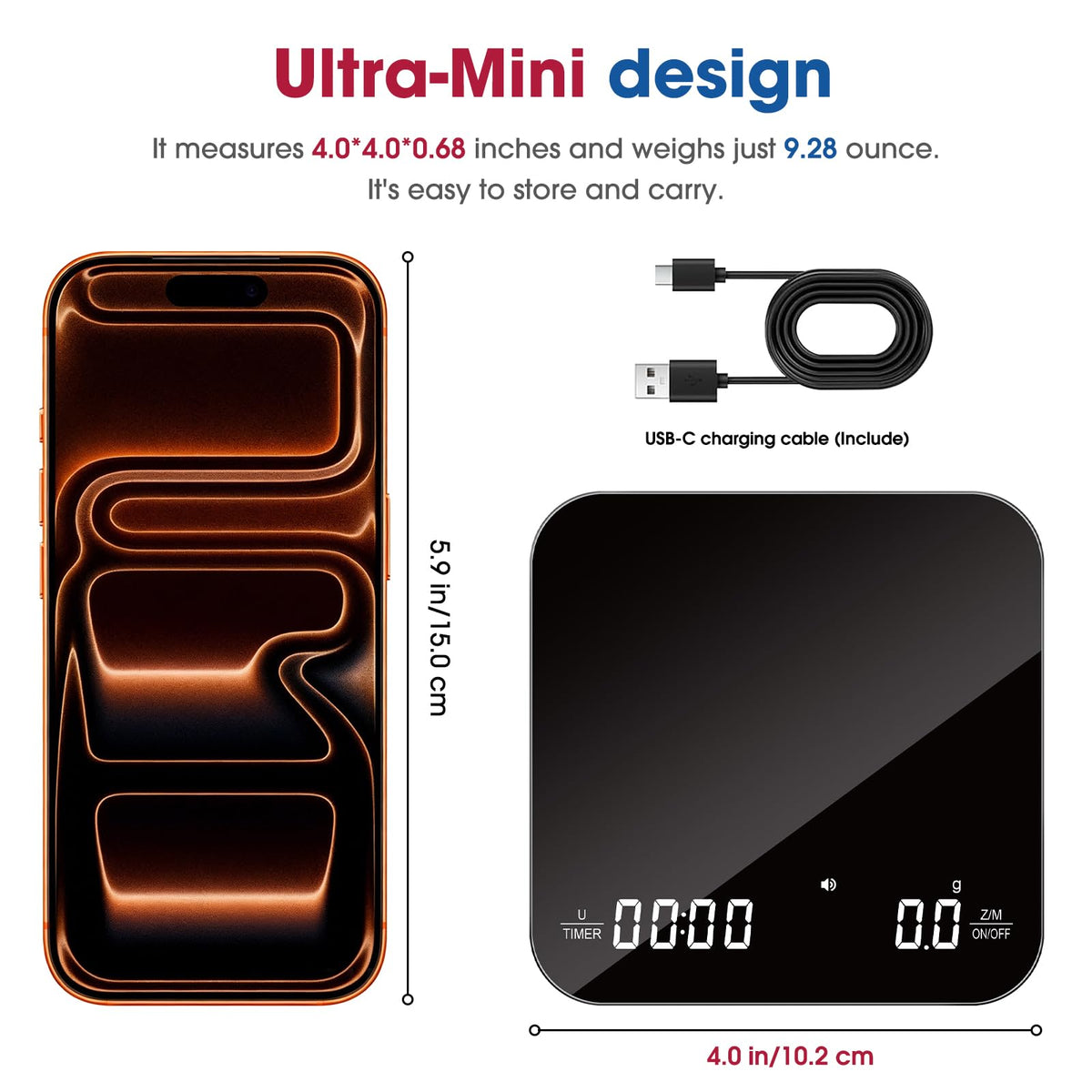 Mik-Nana Mini Coffee Scale with Timer, 2kg/0.1g Rechargeable Espresso Scale