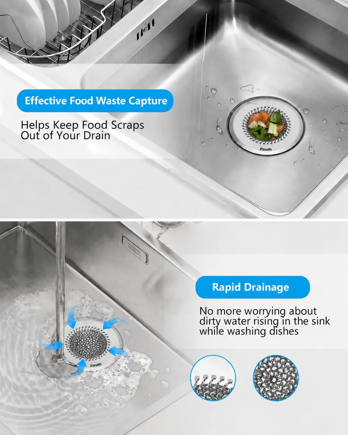 Kitchen Sink Drain Strainer, Flip-Clean Mesh Basket with Anti-Slip Ring