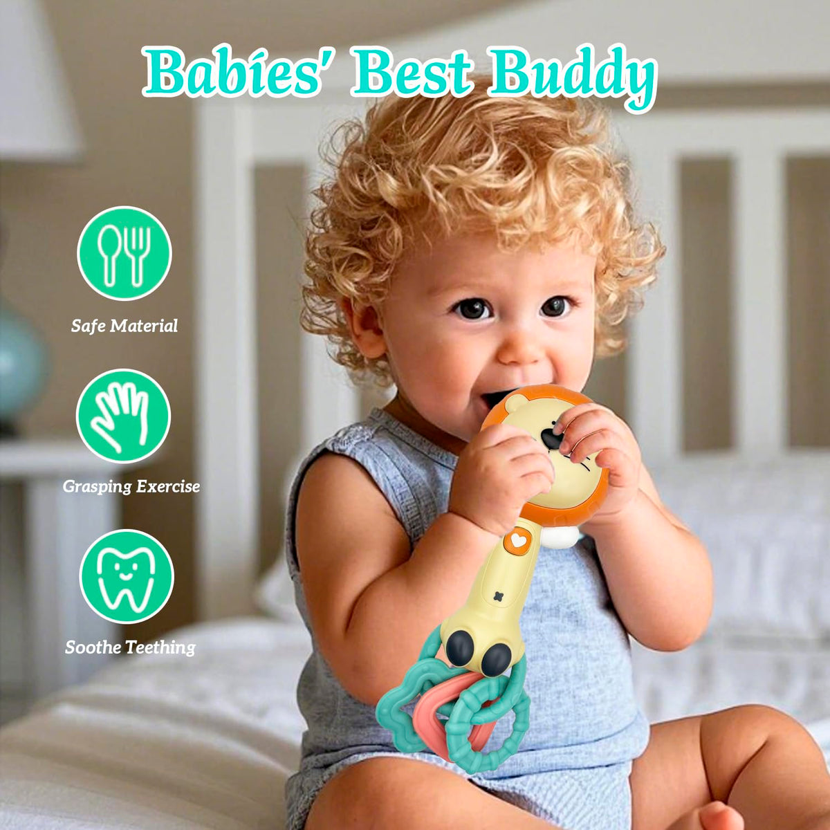 Cute Lion Baby Musical Rattle Toy 6-12-18 Months, Light-Up Teether & Sensory Chew Rubber 1st Birthday Gift for 1+ Year Old Boys Girls (Lion)