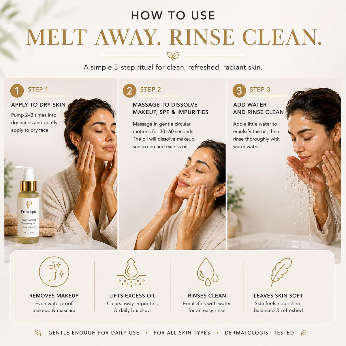 Prestique Purity Cleansing Oil, Makeup Remover Oil & Face Wash – Grape Seed, Sunflower, Rice Bran, Avocado Oils, Fragrance-Free – Removes Waterproof Cosmetics, Sunscreen & Pollutants – 1 fl oz