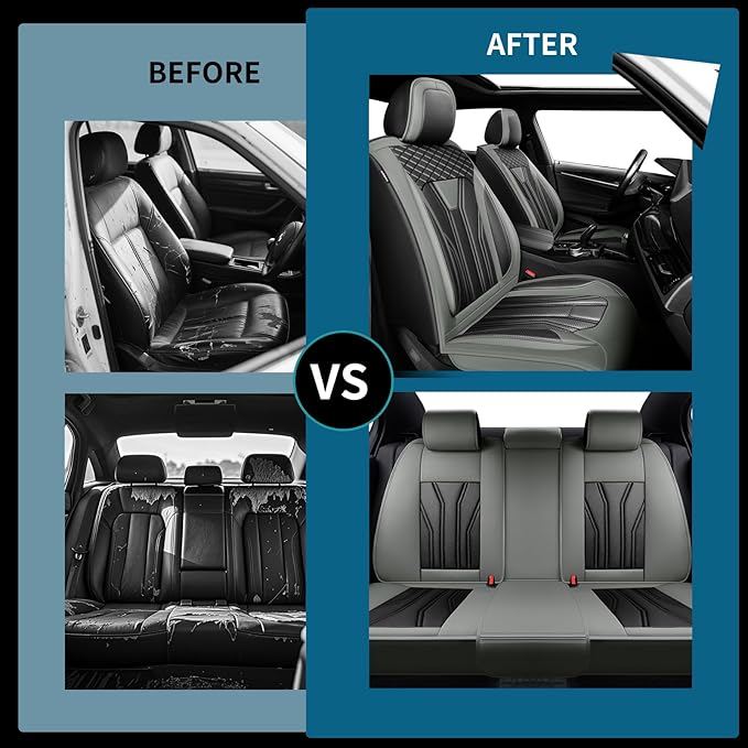 Fit Versa Car Seat Covers Compatible with Nissan Versa 2008-2025 2026 - Full Set Premium Leather， Waterproof Breathable， All-Weather Seat Cushion Protecto&Airbag Compatible （Gray & Black