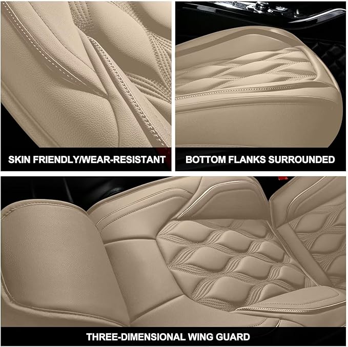 AOMSAZTO Car Seat Cover Full Set 5 Seats Fit for Ford Escape 2001-2026 Leather Car Seat Cushion Protector Compatible Airbag Waterproof Automotive Seat Covers Beige