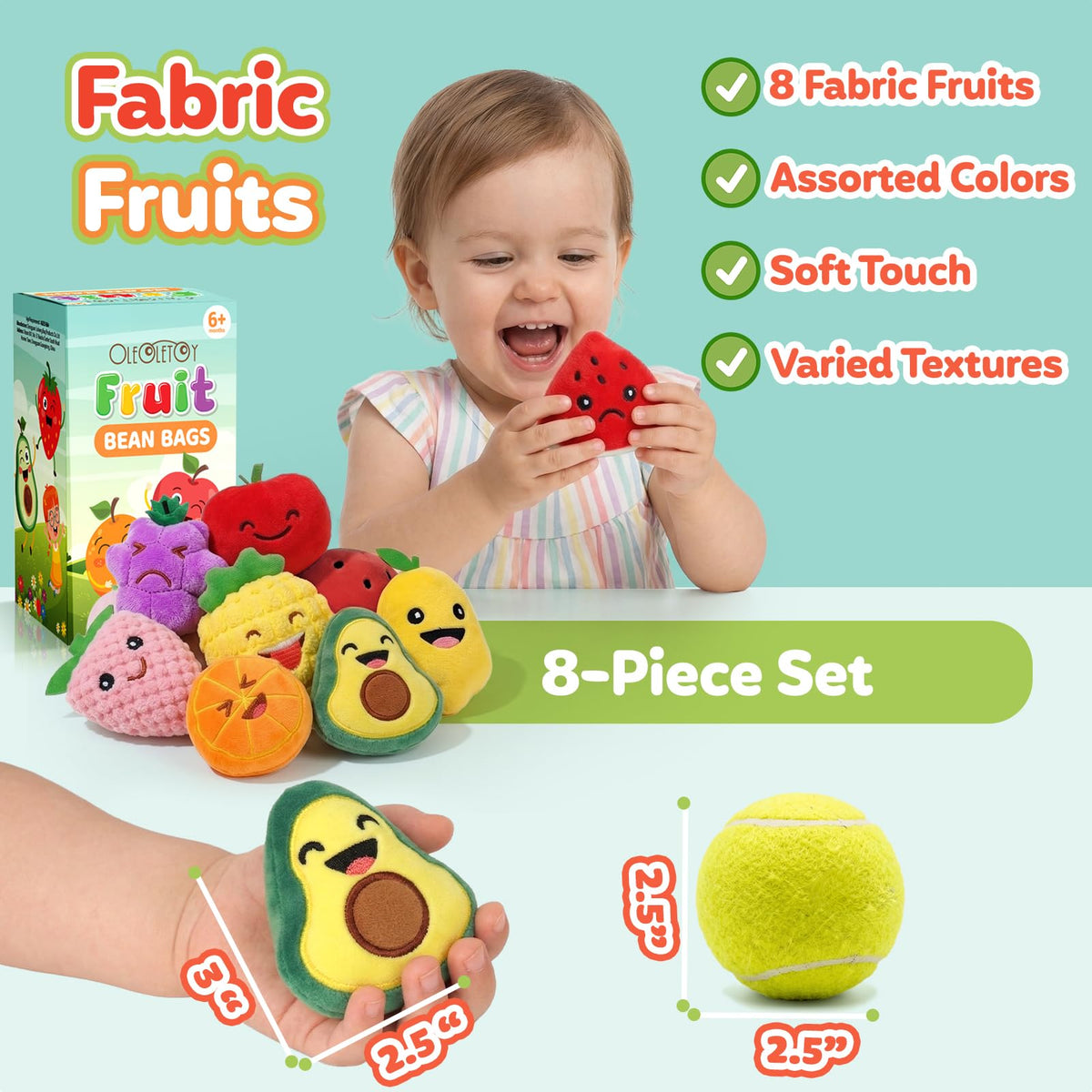 Sensory Toys for Kids, 8 Pack Mini Fruit Soft Stuffed Plush Toy for Girls or Boys as Party Decorations, Toddler Pretend Play Kitchen Food, Strawberry, Avocado, Pineapple and Orange