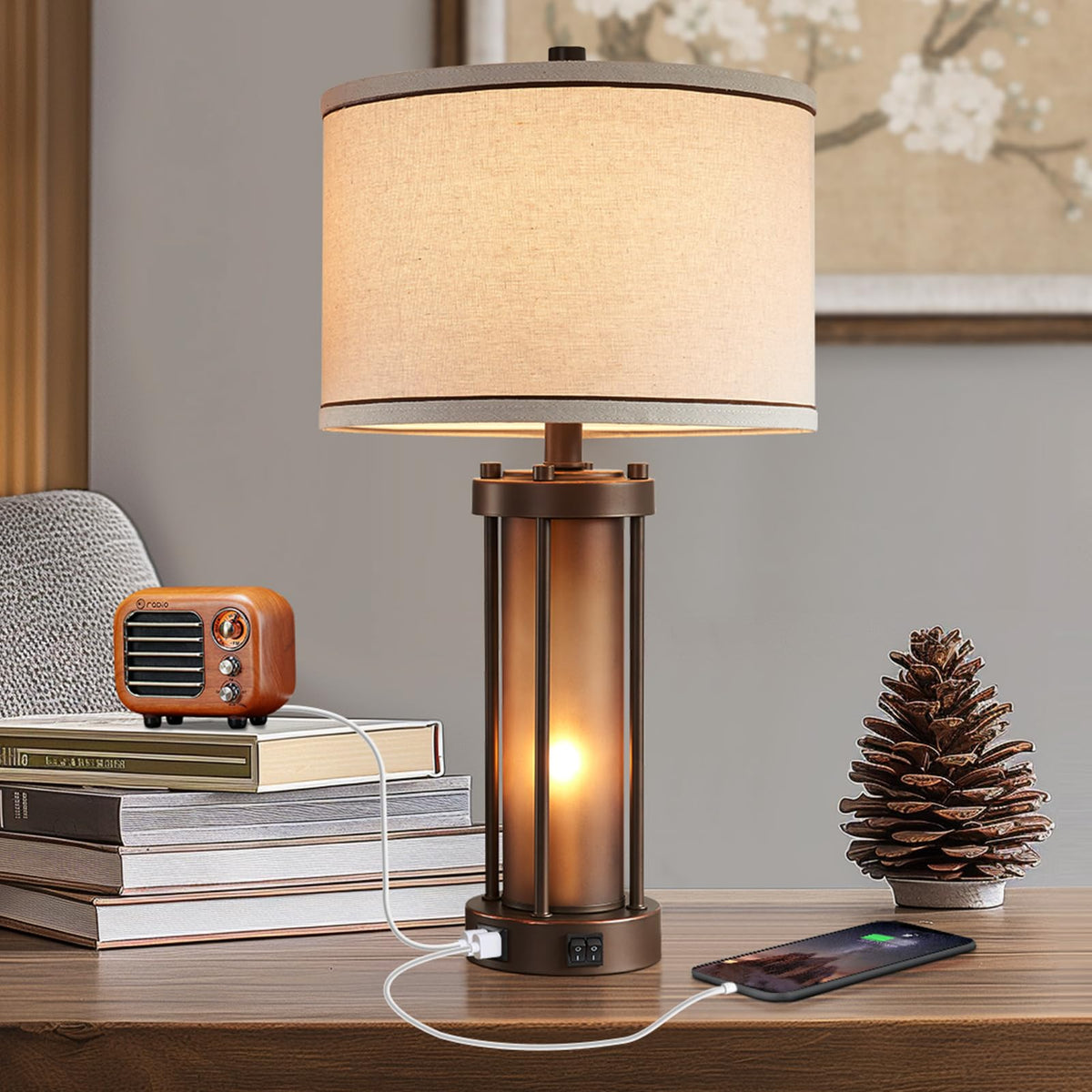 RORIA Farmhouse Table Lamps for Living Room with USB C+A Ports