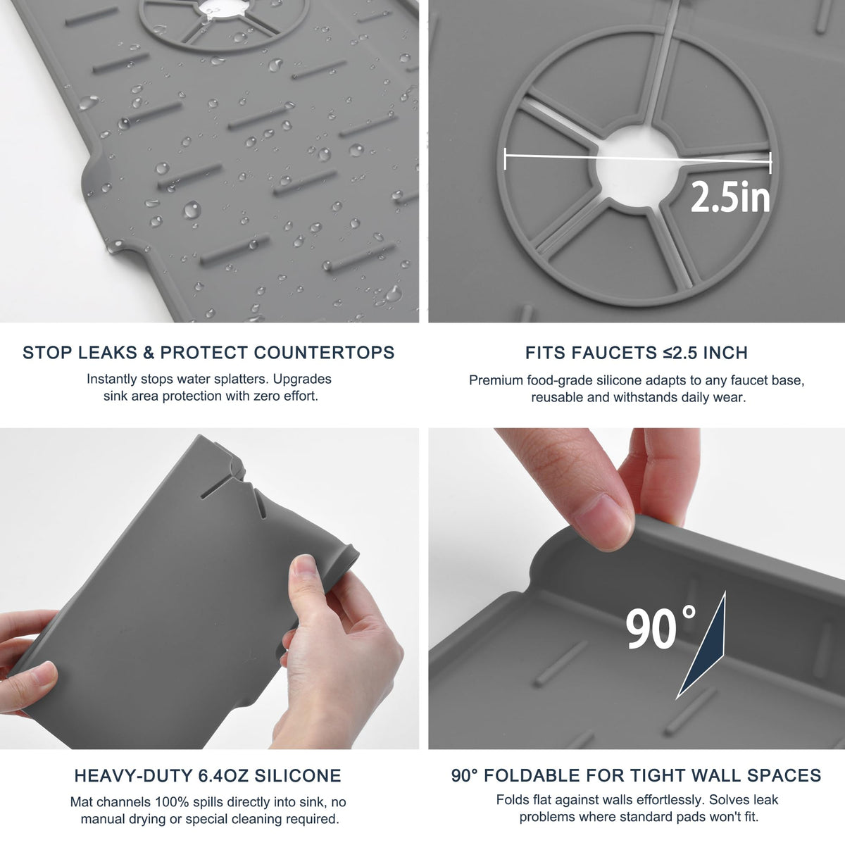 Gosmol Kitchen Sink Splash Guard Silicone Faucet Mat for Kitchen Sink Grey