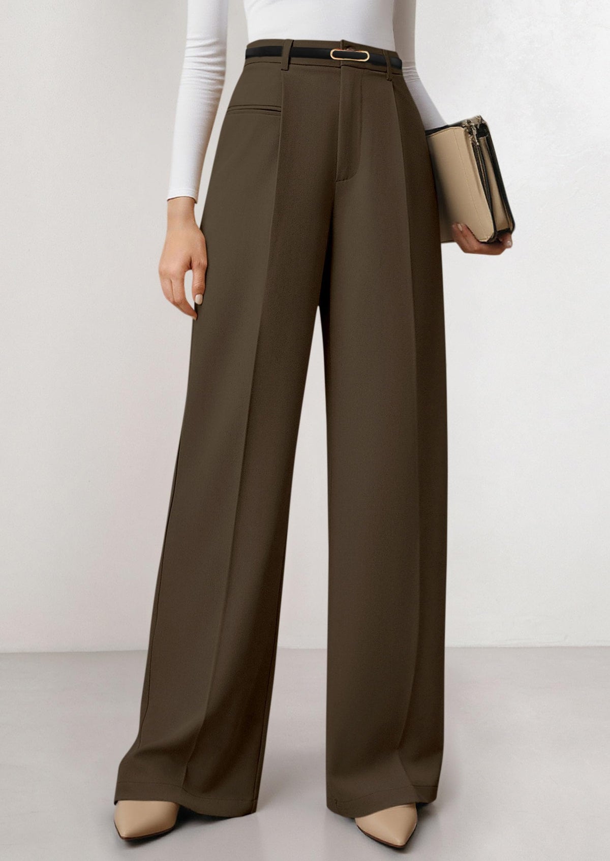 PRETTYGARDEN Women's Tailored Wide Leg Work Dress Pants,Coffee,M