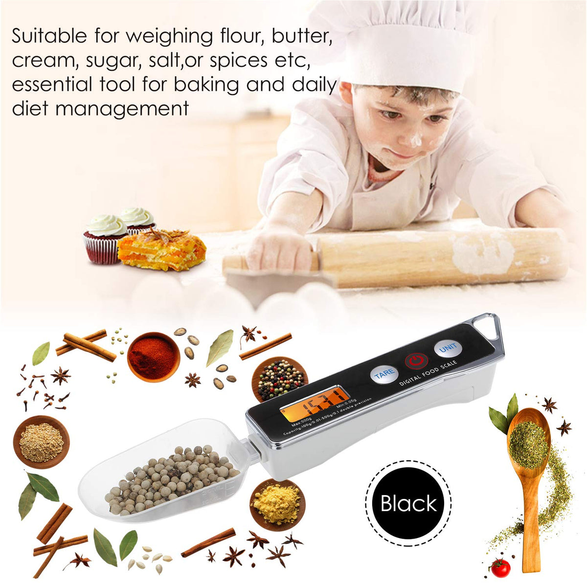ERYUE Spoon Scale, Digital Spoon Scale Electronic Measuring Spoon Scale Household Kitchen Spoon Scale Food Scale with Tare Function Capacity 0.05g to 500g Support Unit g/oz/gn/ct/