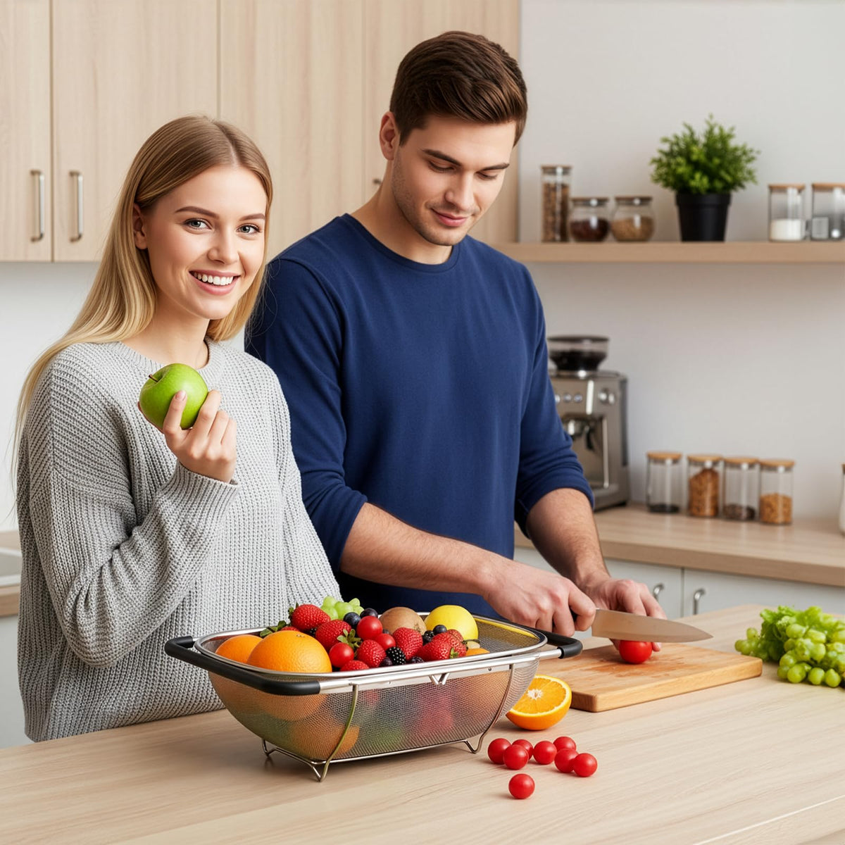 Suwimut 2 Pack Over the Sink Oval Colander for Kitchen, Stainless Steel Fine Mesh 6 Quart Strainer Basket with Expandable Rubber Grip Handles for Straining, Draining, Rinsing Fruits, Vegetables