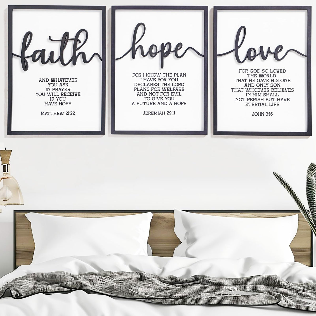 3D Wood Faith Hope Love Wall Decor, Christian Wall Art Bible Verses Wall Decor Scripture Wall Art for Bedroom Bathroom Kitchen Living Room Office(12x16 inches, Set of 3, Framed)