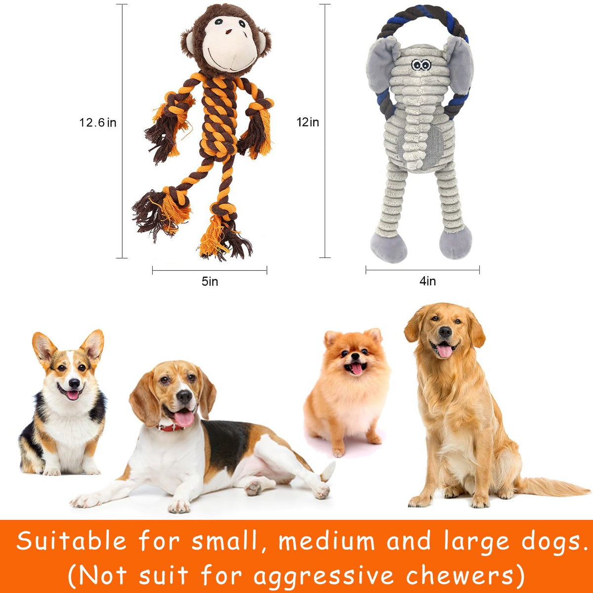 HUGEME Monkey Rope Dog Toy, Plush Elephant Squeaky Dog Toy, 2 Pack