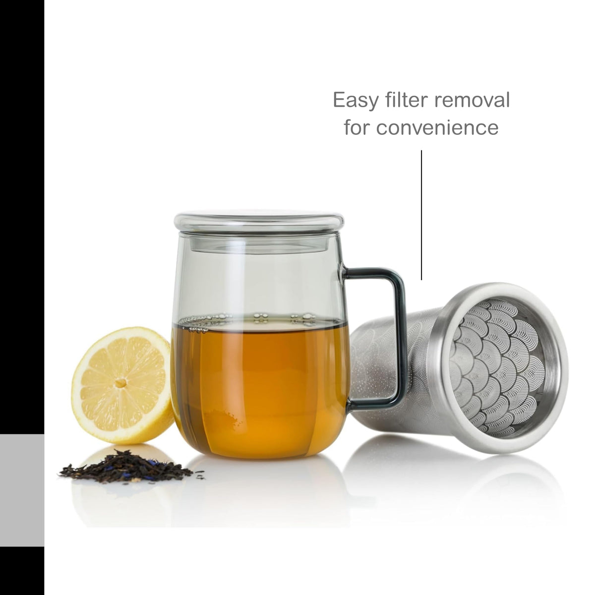 AdHoc Yuna Tea Glass with Tea Infuser, Grey Glass/Stainless Steel 18.9oz