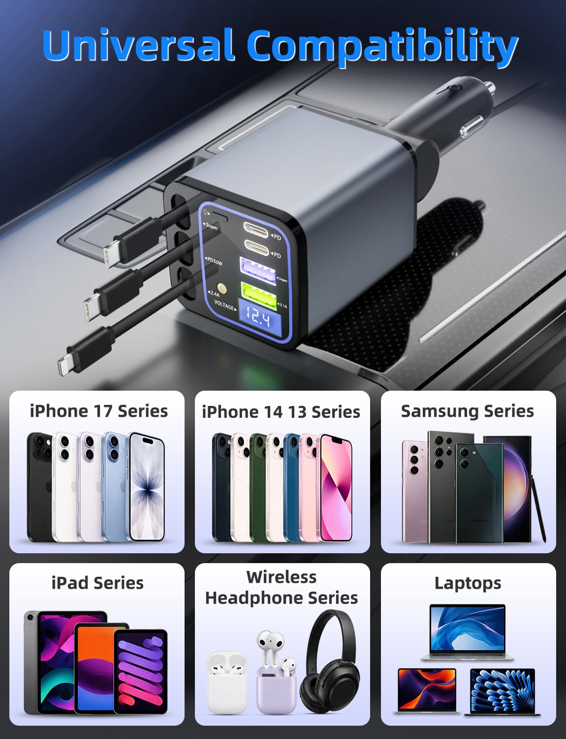 Retractable Car Charger, 7 in 1 Car Phone Charger with 3 Cords, USB C Car Charger Adapter for iPhone 17/16/15/14/13 Pro Max XR