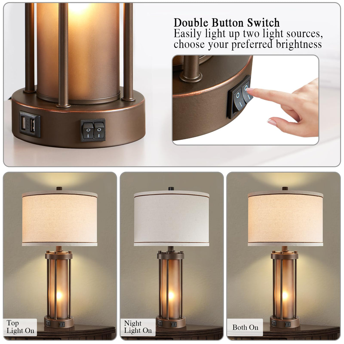 RORIA Farmhouse Table Lamps for Living Room with USB C+A Ports