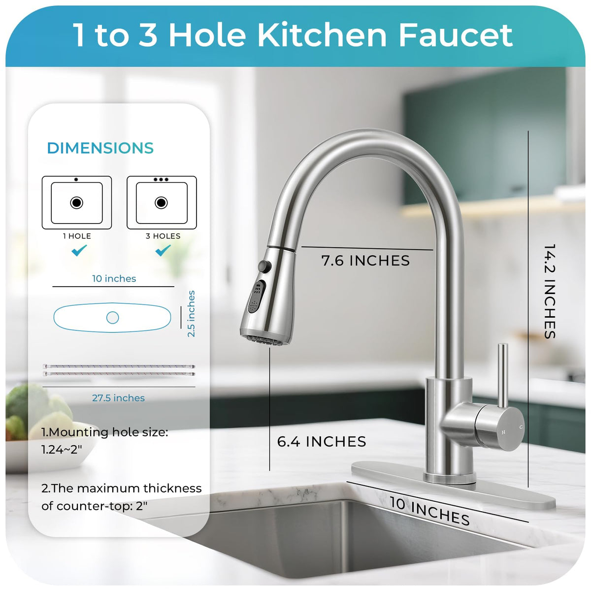 LUFG Brushed Nickel Kitchen Faucet with Pull Down Sprayer and Deck Plate