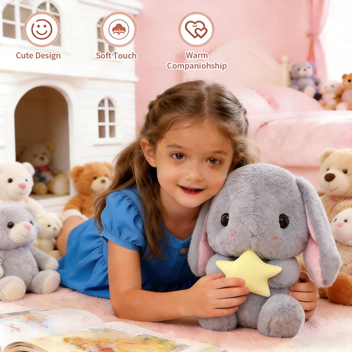 HOUPU Lop Bunny Plush 8.6in Gray Star Stuffed Bunny Kids Easter Toy