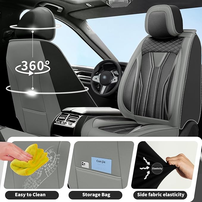Fit Rogue Car Seat Covers Compatible with Nissan Rogue 2011-2025 2026 - Premium Leather， Waterproof Breathable， All-Weather Seat Cushion Protecto&Airbag Compatible (2 Front Seat Gray&Black)