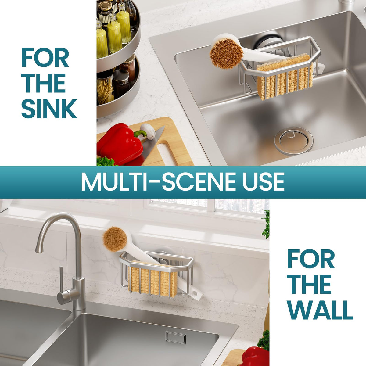 TAILI Sponge Holder for Kitchen Sink with Strong Suction Cup-Silver