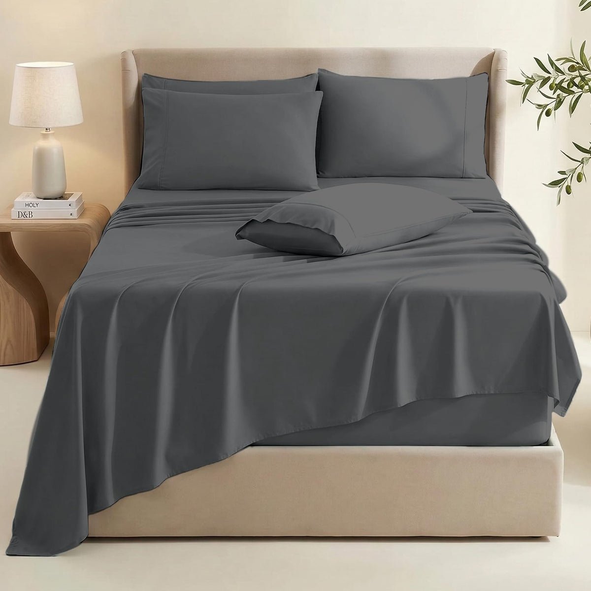 Hearth & Harbor Extra Deep Pocket King Size Sets - Fits Mattress 18-24 Inches Deep - Extra Deep Pocket Sheets - 6 Piece King Size - Grey