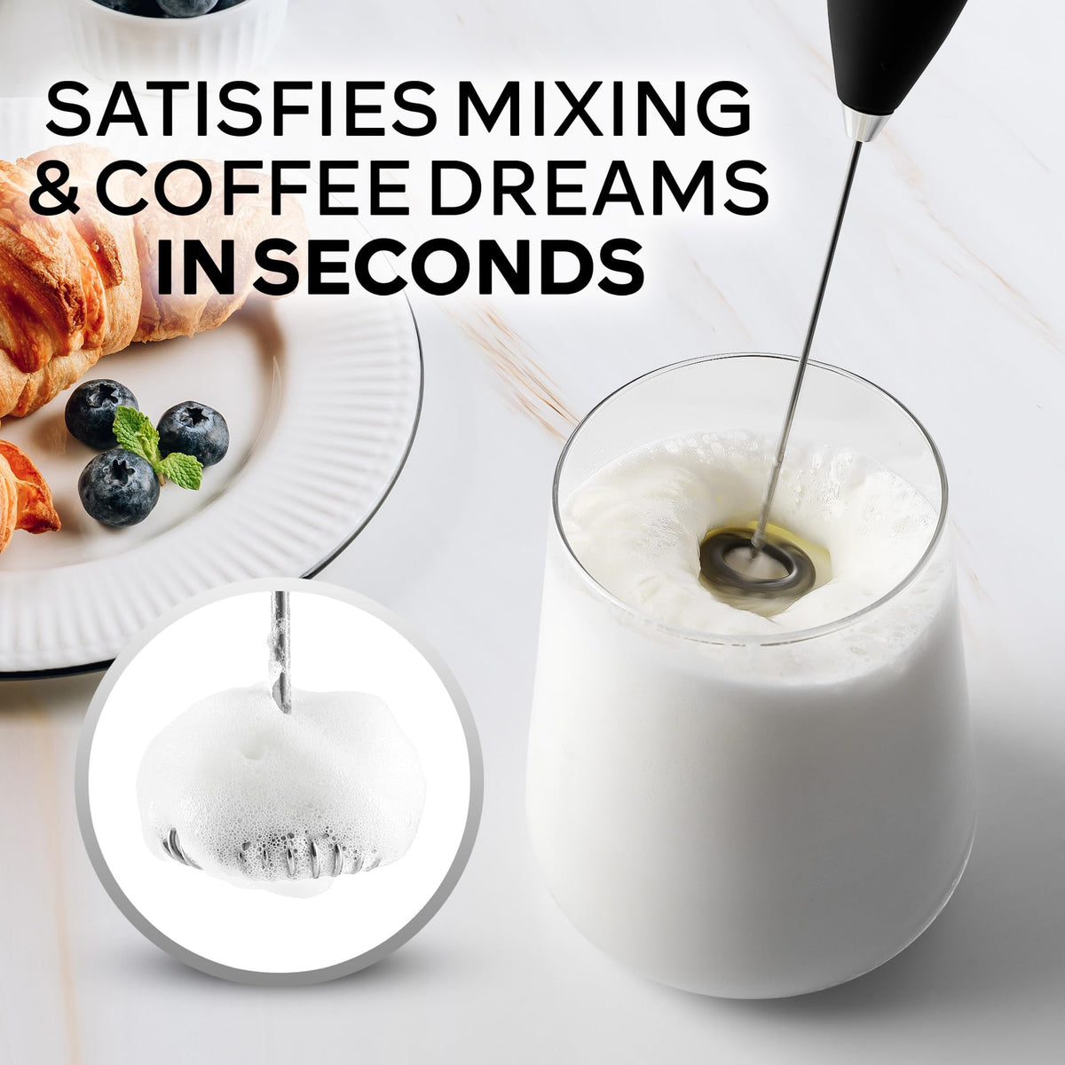 Zulay Kitchen Powerful Milk Frother Wand With Duracell Batteries - Ultra Fast Handheld Drink Mixer - Electric Whisk Foam Maker for Coffee, Lattes, Cappuccino & Matcha - Z1 Motor - Black
