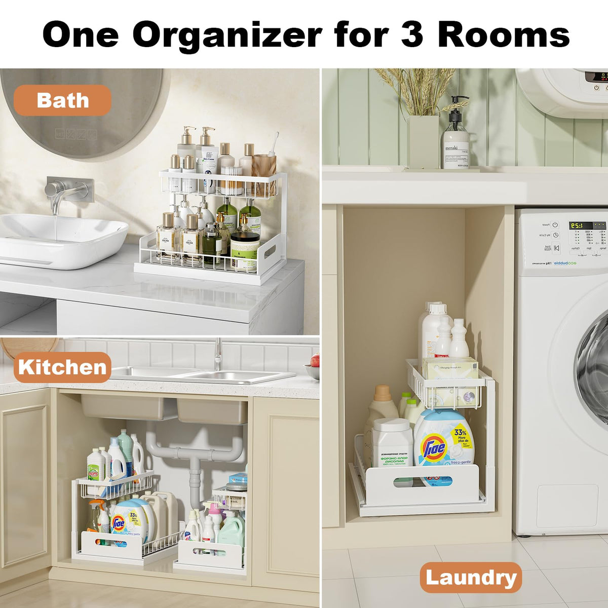 REALINN Under Sink Organizer, L-Shaped 2 Tier Pull Out Cabinet Organizer