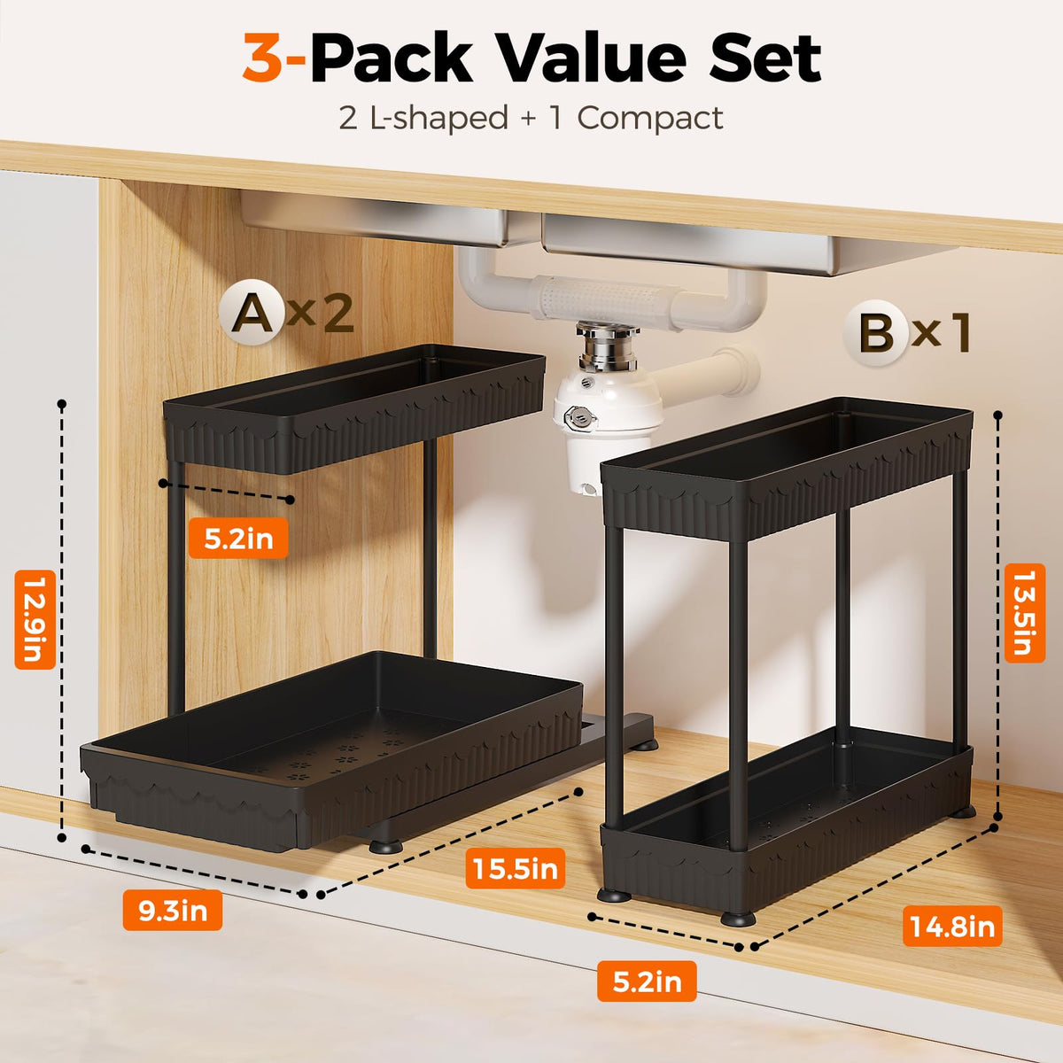 Sevenblue 3-Pack 2-Tier L-Shaped Under Sink Organizers with Sliding Drawers