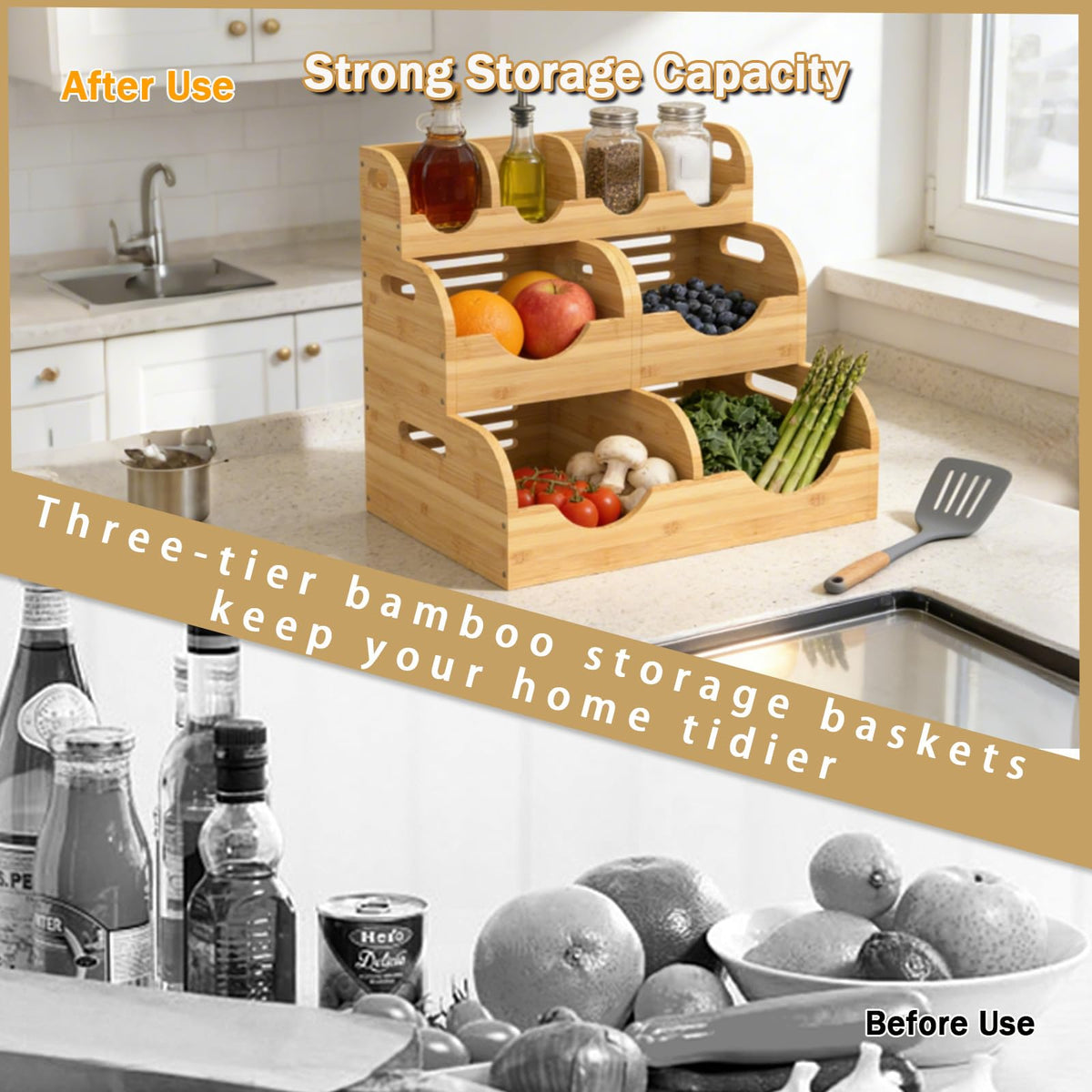 WHEEXIAG Potato and Onion Storage Bin, Made of bamboo, With 2 banana hooks