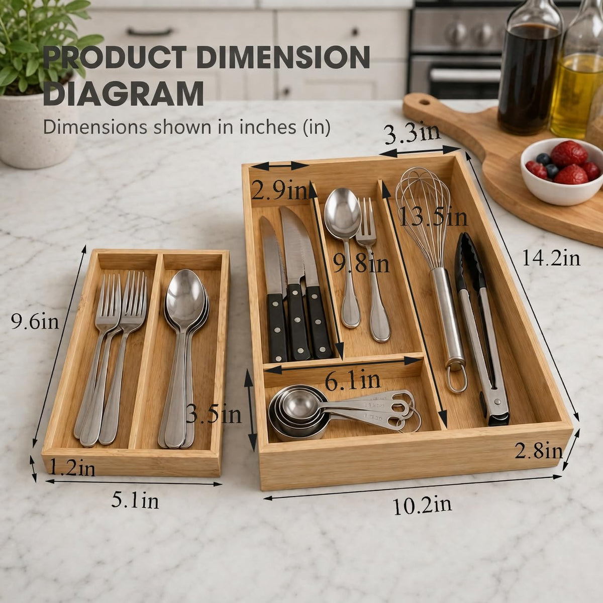 Bamboo 2-Tier Utensil Organizer for Kitchen Drawer Modular Pantry Organizer