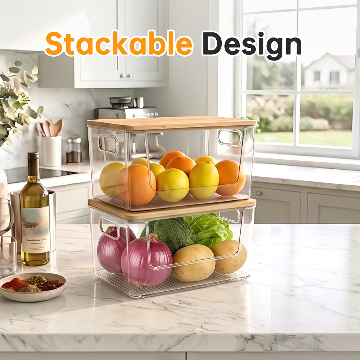 Sesopoen Trash Bag Holder 2 Pack, Stackable Garbage Bag Dispenser with Bamboo Lid, Large Capacity Under Sink Organizer for 13/30/33 Gallon Bags, Clear Storage Bins for Kitchen, Laundry Room