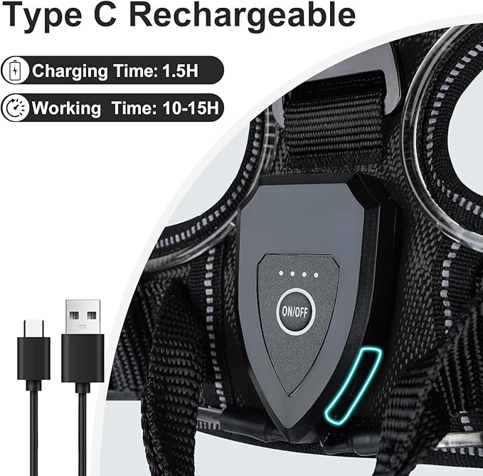 Taglory Light Up Dog Harness, Rechargeable No Pull Dog Vest with 3 Lightning Modes, Reflective Dog Harness with 2 Leash Clips & 4 Adjustable Slide Strips for Large Dogs, Black-Purple, XL