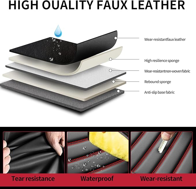 Fit Ridgeline Car Seat Covers for Honda Ridgeline 2007-2025 2026 - Upgraded Premium Waterproof & Breathable Leather, Airbag Compatible, All-Weather Seat Cushion Protector (2 Front/Black+Red)