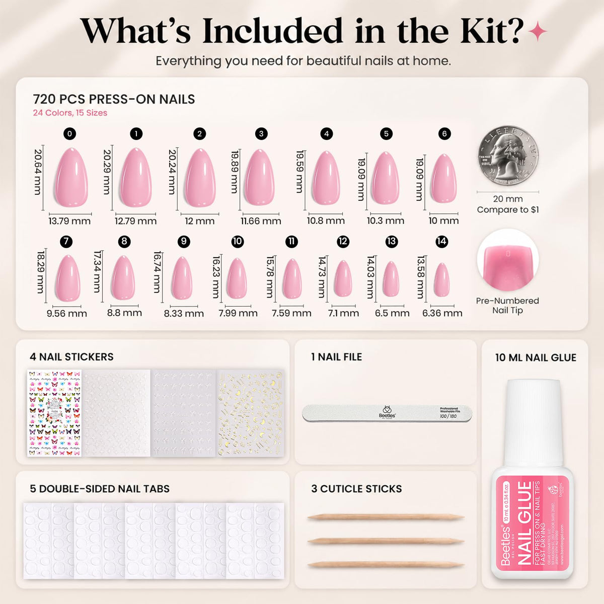 Beetles Press on Nails Kit- 720 Pcs Short Almond 24 Colors