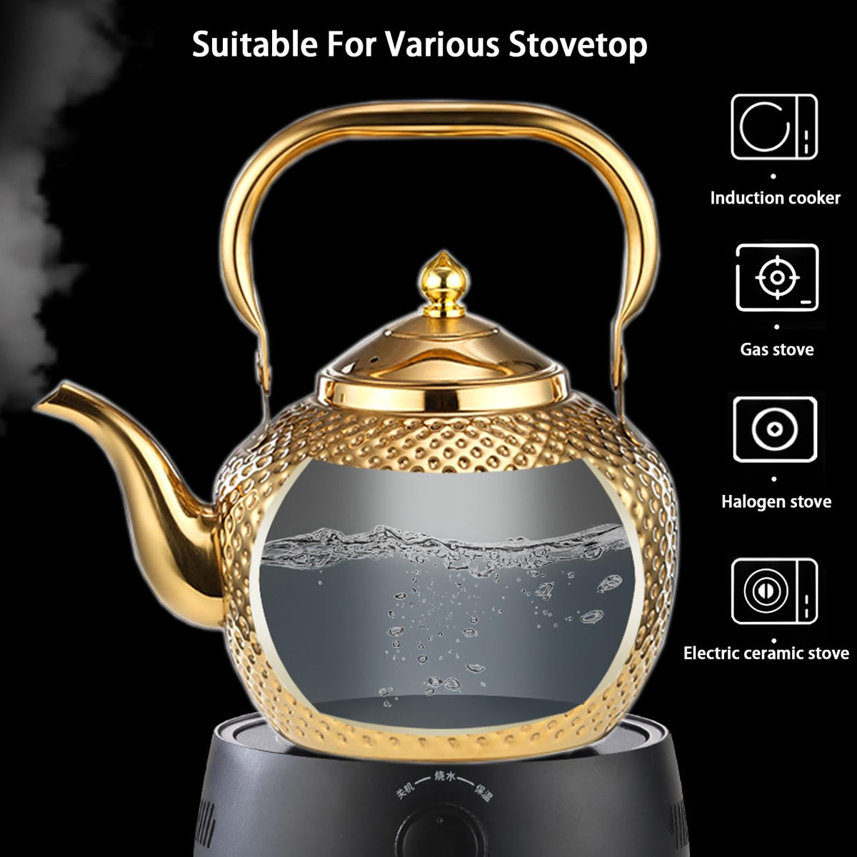 Alunsito Teapot for Stove Top, Stovetop Tea Kettle, Food Grade Stainless Steel Tea Kettle, 2.1qt Metal Tea Pot with Tea Strainer for Easy Tea, Coffee, Gold, 2 Liters