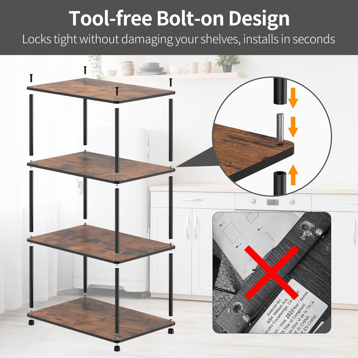 OneAhead Design Countertop Spice Rack, Stackable Wood & Metal Pantry Cabinet Shelf Organizer Storage, 4-Tier or Split into 2×2-Tier, Multi-Use for Kitchen Bathroom Desktop Home Office, Rustic Brown