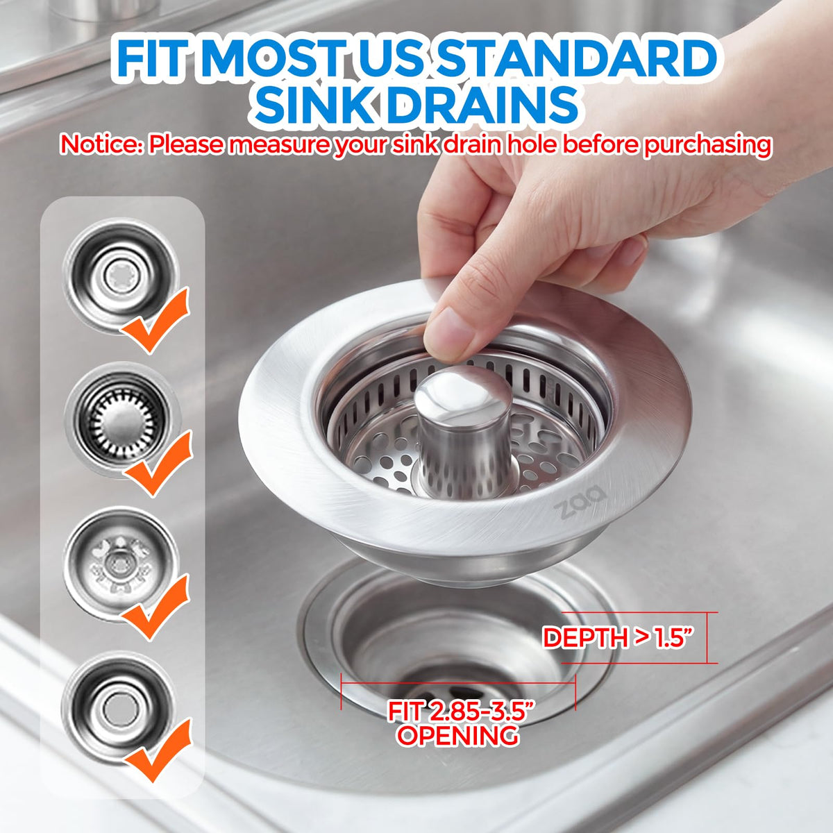 ZAA 3-in-1 Kitchen Sink Drain Strainer, 304 Stainless Steel Sink Stopper