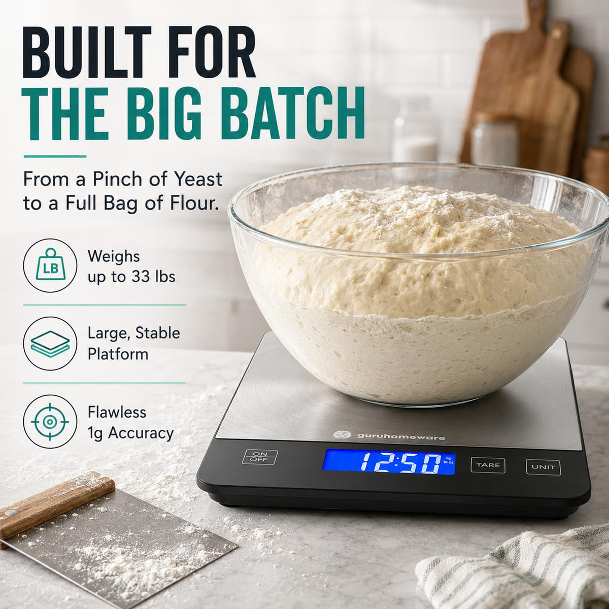 Digital Kitchen Scale – Accurate 33lb Food Scale, Measures in Grams & Ounces, USB Rechargeable, Tare Function, 5 Units – Ideal for Cooking, Baking & Meal Prep
