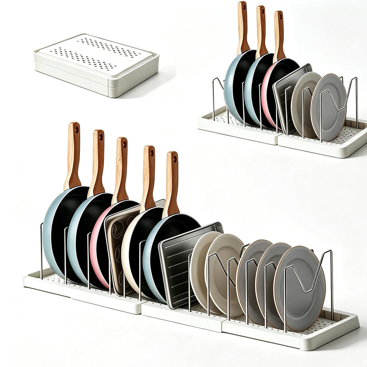 Expandable Pots and Pans Organizer Rack with 12 Stainless Steel Dividers