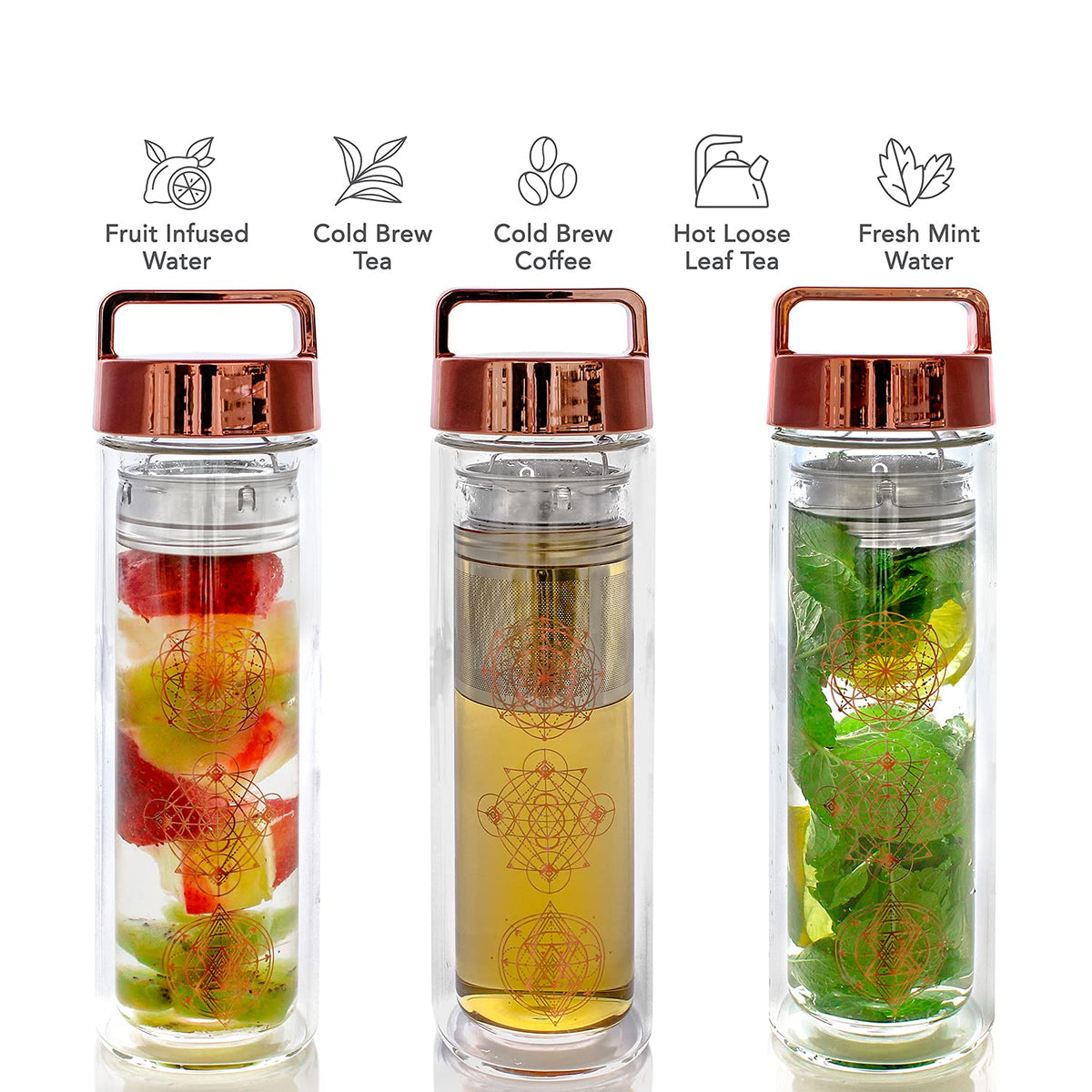 Teabloom All-Purpose Beverage Tumbler – 15 oz / 450 ml Insulated Glass Bottle – Tea, Coffee, Fruit Infused Water – All-Temperature Travel Mug – Stainless Steel Infuser Basket – The Wayfarer Tumbler