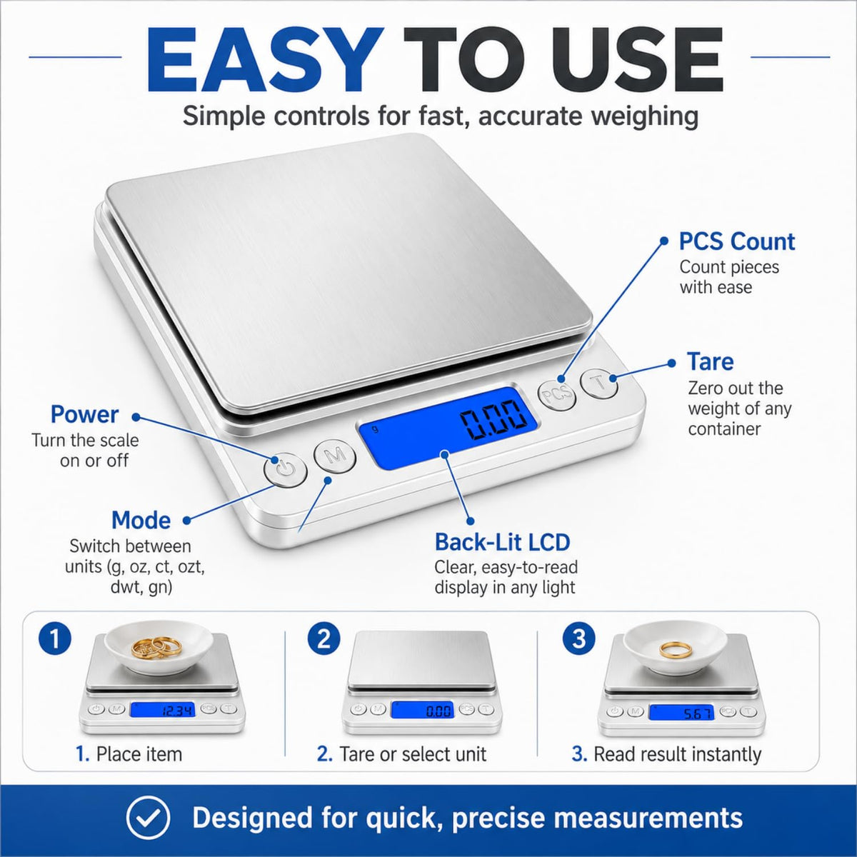 Food&Beyond Digital Gram Scale 500g x 0.01g Pocket Scale with Tare and PCS